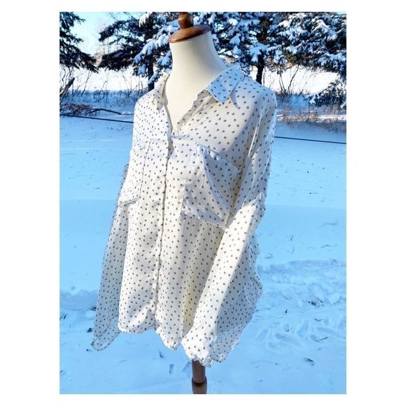 DH3 Button Down Cream Print Blouse Top 3/4 Sleeve Ditzy Floral Sz XL - Picture 2 of 13